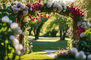 a wedding arch with flowers in the grass. AI-Generated photo