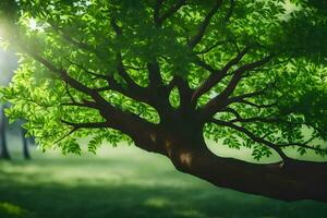 a tree in the middle of a green field. AI-Generated photo