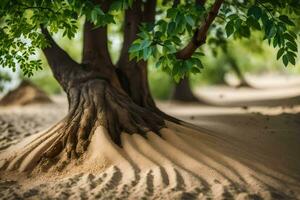 a tree with roots growing out of the sand. AI-Generated photo