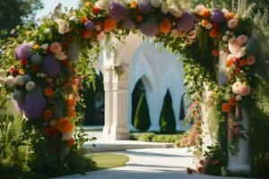 a wedding arch with flowers and greenery. AI-Generated photo