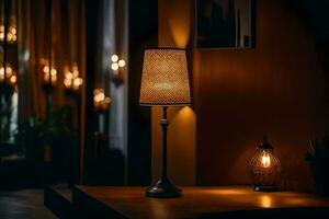 a table lamp and a candle on a table. AI-Generated photo