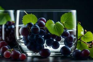 grapes in a glass with water on a dark background. AI-Generated photo