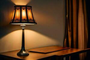 a lamp on a table in front of a window. AI-Generated photo