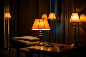three lamps are on a table in a dark room. AI-Generated photo