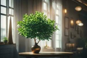 a potted plant sits on a table in front of a window. AI-Generated photo