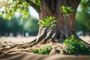 un árbol con hojas creciente fuera de el arena. generado por ai foto