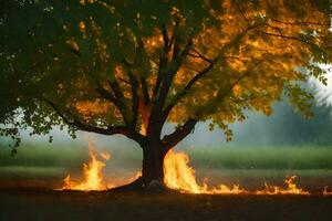 a tree with flames coming out of it in the middle of the field. AI-Generated photo