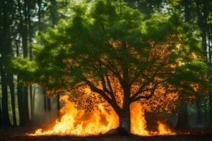 a tree is burning in the forest. AI-Generated photo