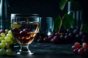 a glass of wine and grapes on a dark table. AI-Generated photo