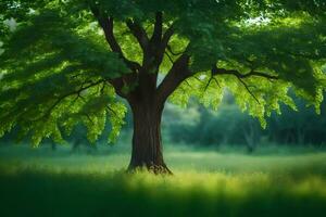 a tree in the middle of a green field. AI-Generated photo