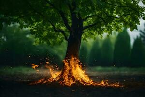 a tree with flames coming out of it. AI-Generated photo