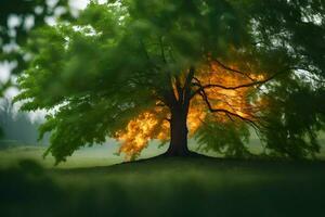 a tree with orange light shining through it. AI-Generated photo