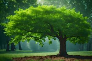 un árbol es mostrado en el medio de un verde campo. generado por ai foto