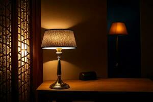 a lamp is on a table in front of a window. AI-Generated photo