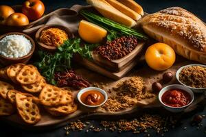 various ingredients on a wooden cutting board. AI-Generated photo