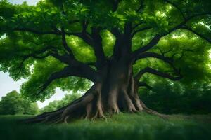 a large tree with green leaves in the middle of a field. AI-Generated photo