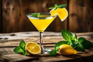 lemon martini with mint and lemon on a wooden table. AI-Generated photo