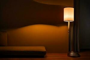 a lamp is sitting on a wooden floor. AI-Generated photo