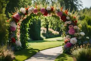 a flower archway in the middle of a garden. AI-Generated photo