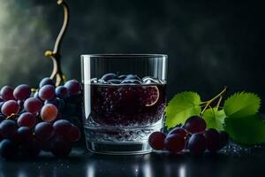 a glass of wine with grapes and leaves. AI-Generated photo