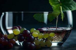 vino en un vaso con uvas. generado por ai foto