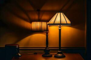 dos lamparas sentar en un mesa en el oscuro. generado por ai foto