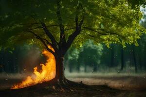 a tree with fire coming out of it in the middle of a forest. AI-Generated photo