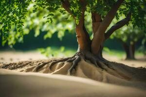 a tree with roots in the sand. AI-Generated photo