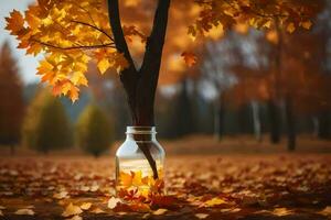 a jar with leaves on the ground in front of a tree. AI-Generated photo