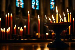 candles are lit in a church with candles. AI-Generated photo