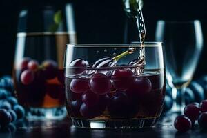 a glass of wine being poured into a glass with grapes. AI-Generated photo