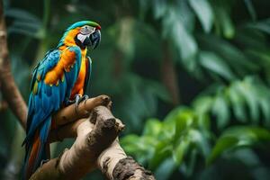 a colorful parrot sits on a branch in the forest. AI-Generated photo