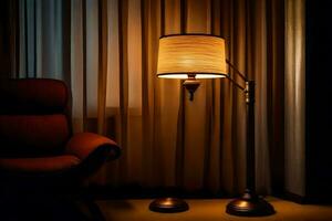 a lamp is sitting on a table next to a chair. AI-Generated photo