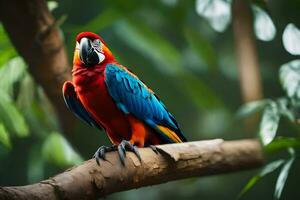 a colorful parrot sits on a branch. AI-Generated photo