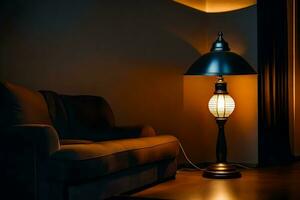 un lámpara es sentado en un mesa en frente de un sofá. generado por ai foto