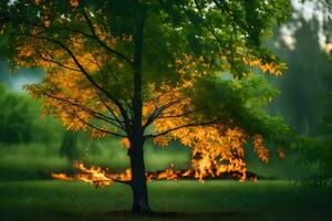 a tree with flames coming out of it in the grass. AI-Generated photo