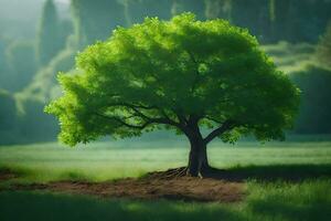 un árbol es en pie en el medio de un campo. generado por ai foto