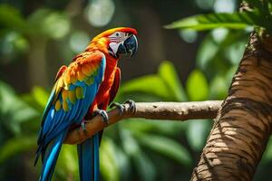 a colorful parrot sits on a branch. AI-Generated photo