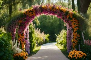 a pathway with flowers and a archway. AI-Generated photo