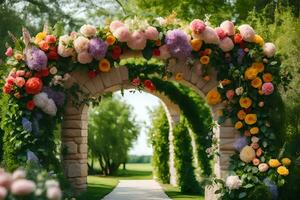 a wedding arch with flowers and greenery. AI-Generated photo