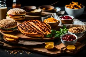 grilled chicken sandwich with fries and other food on a wooden cutting board. AI-Generated photo