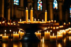 candles are lit in a church with stained glass windows. AI-Generated photo