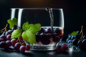 uvas en un vaso con agua. generado por ai foto