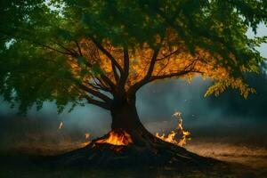 a tree with flames coming out of it in the middle of a field. AI-Generated photo