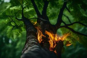 a tree with flames coming from it. AI-Generated photo