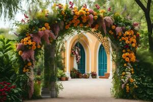 a flower archway with a yellow door and green flowers. AI-Generated photo