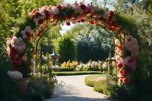 a flower archway is decorated with pink and red flowers. AI-Generated photo