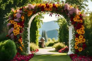 un Boda arco con flores y verdor. generado por ai foto