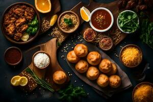 a variety of food is arranged on a table. AI-Generated photo