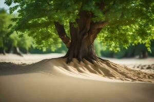 un árbol con raíces creciente fuera de el arena. generado por ai foto